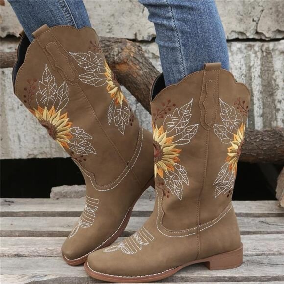 NEW Women's Sunflower Cowgirl Boots, Square Toe Western Embroidery Mid Calf - Picture 2 of 7